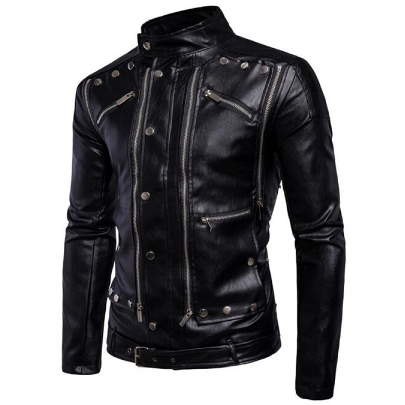 Men Gothic Black Leather Jacket Motorcycle Multi-Zip Biker Jacket